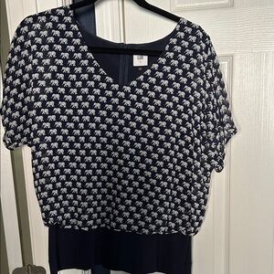 Cabi Navy and White Elephant Print Blouse